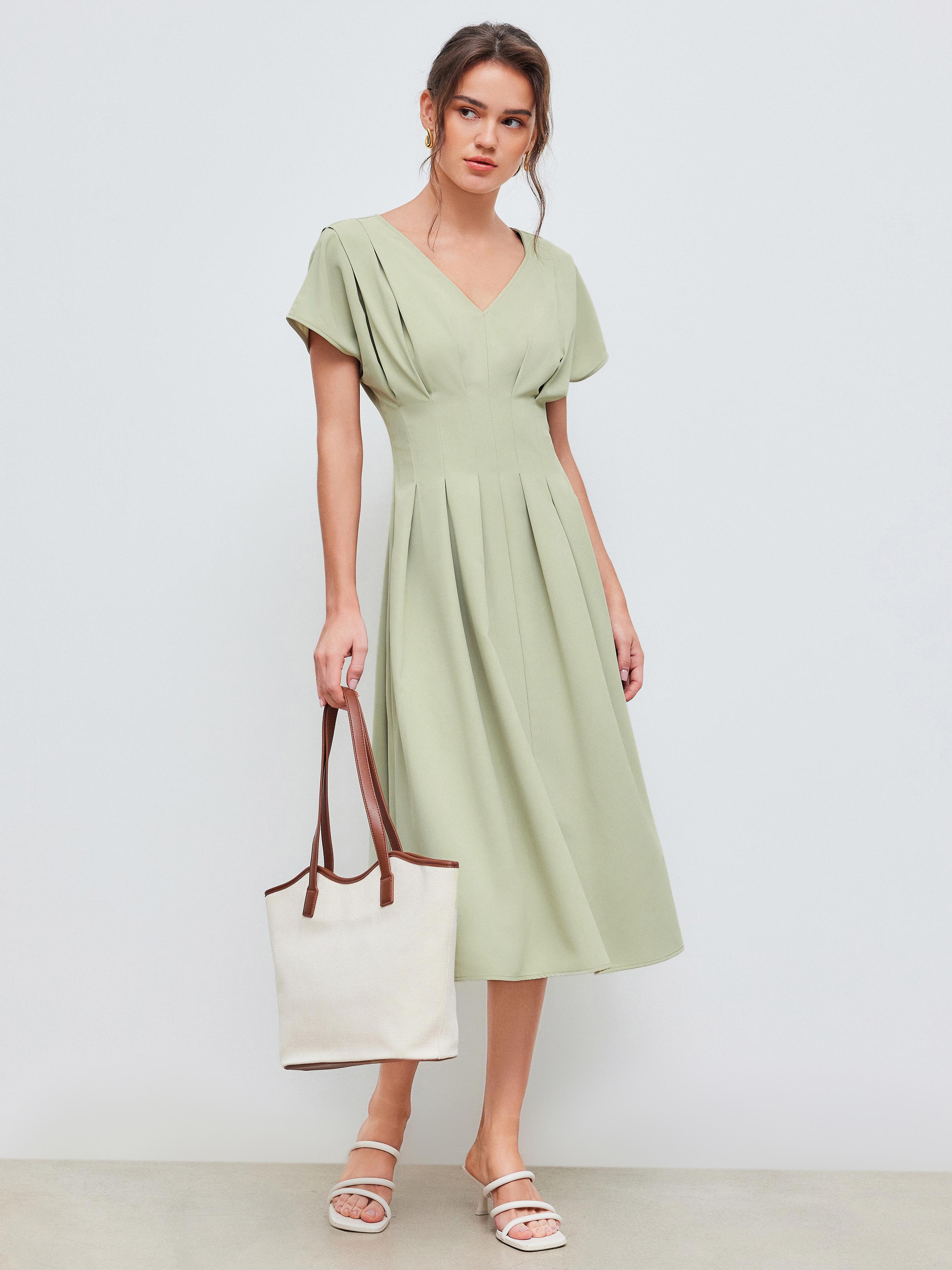 V-neck Solid Pleated Midi Dress Product Image