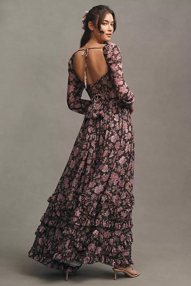 V. Chapman Carmella Long-Sleeve Corset Side-Slit Chiffon Maxi Dress Product Image