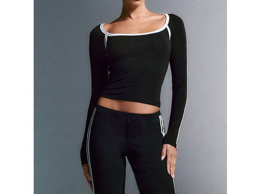 Long-Sleeve Square Neck Contrast Trim Crop Top Product Image