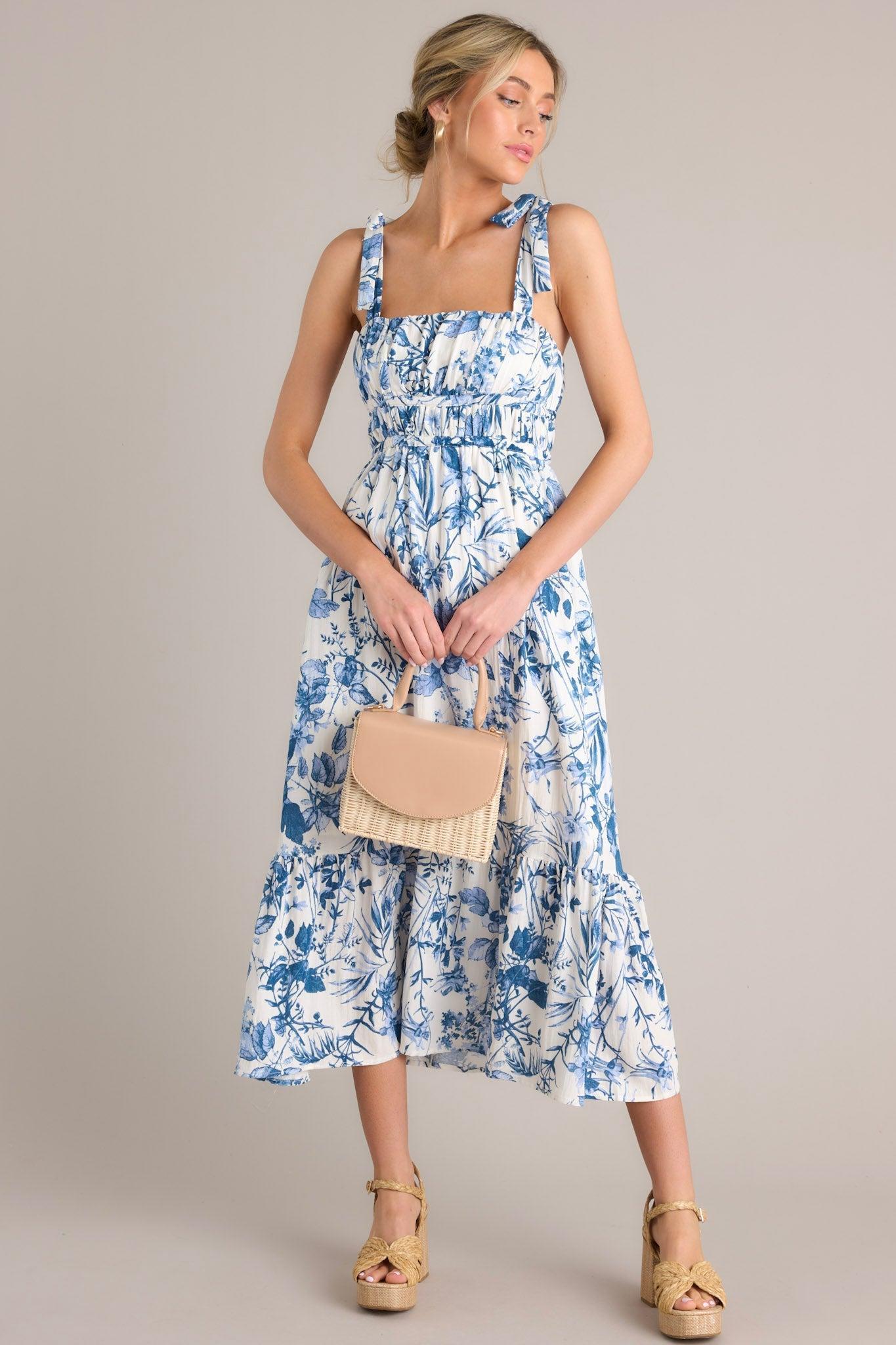 Meadow Muse White & Blue Floral Midi Dress Product Image