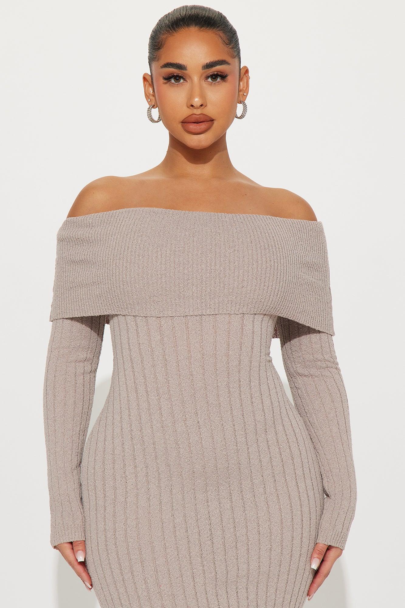 Kassy Off Shoulder Midi Dress - Taupe Product Image