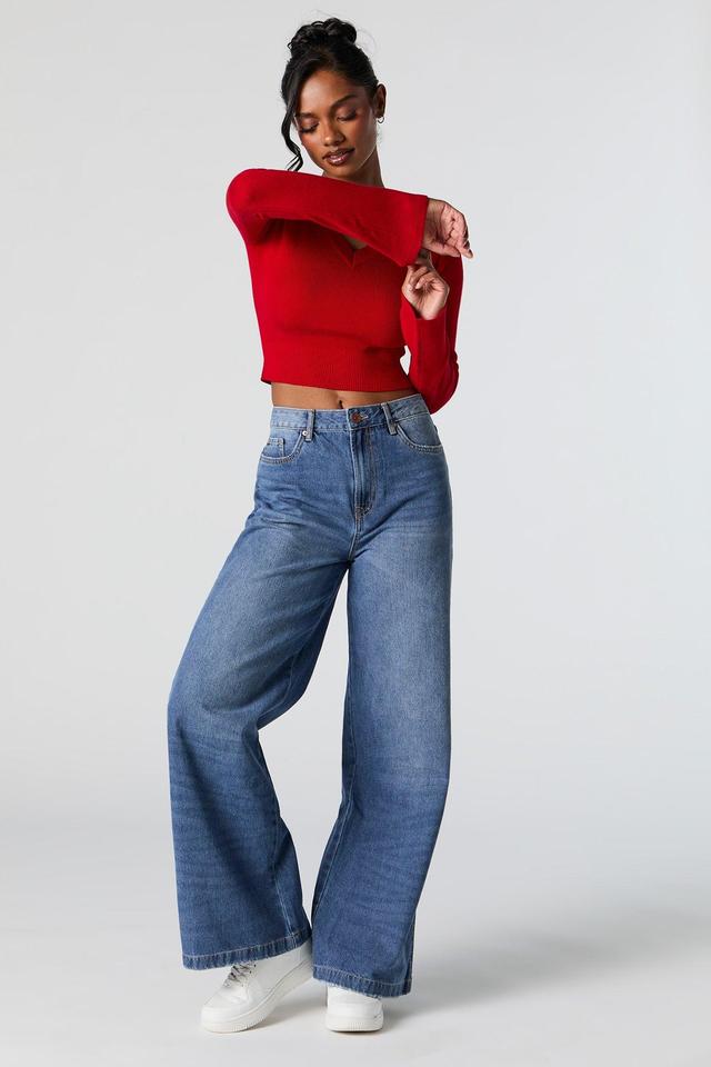 Ribbed Knit V-Neck Bell Sleeve Cropped Sweater Female Product Image