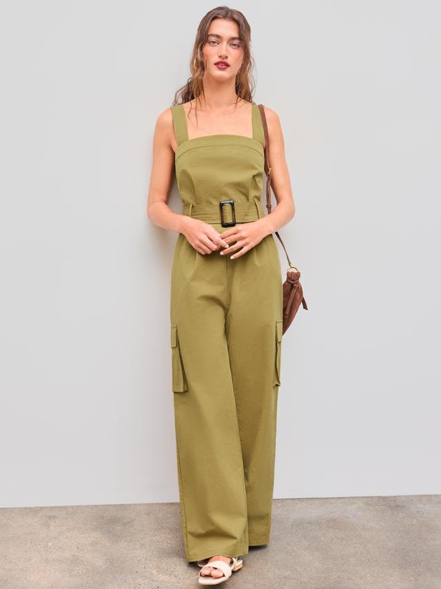 100% Cotton Solid Pocket Cargo Jumpsuit With Belt Product Image