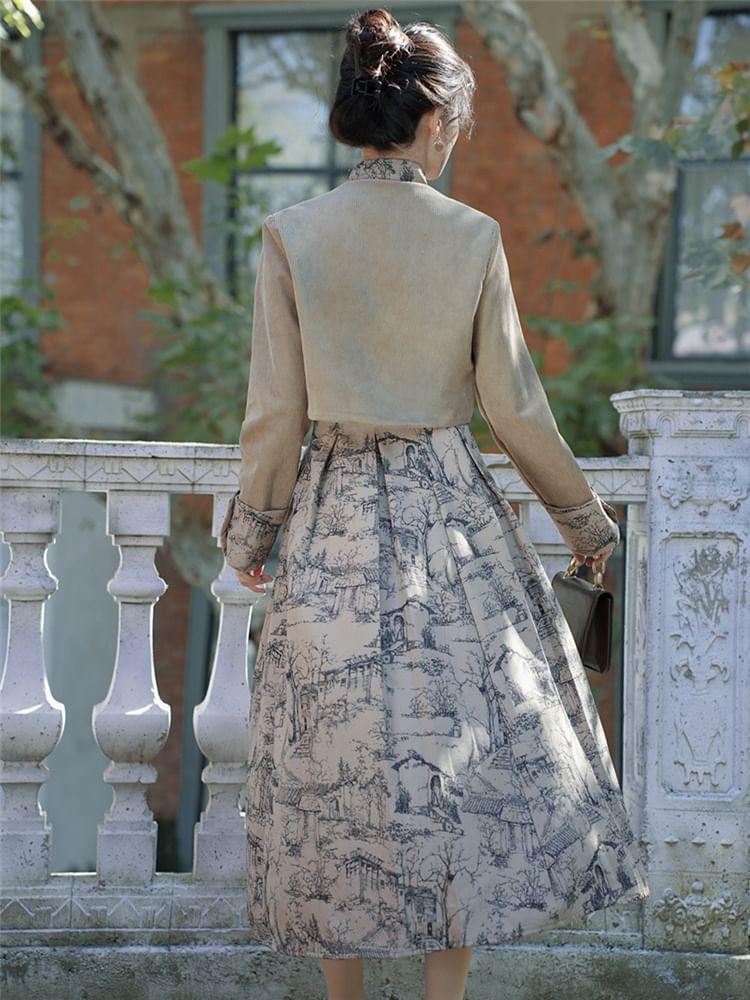 Set: Mock Two-Piece Mandarin Collar Print Panel Crop Button Jacket + High Rise Pleated Midi A-Line Skirt Product Image