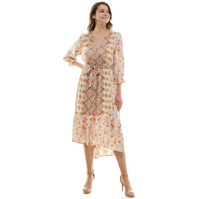 Long Sleeve Button Front V-Neck Printed Midi Dress Product Image