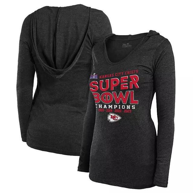 Womens Majestic Threads Kansas City Chiefs Super Bowl LVIII Champions Loudmouth Tri-Blend V-Neck Long Sleeve Hoodie T-Shirt Product Image