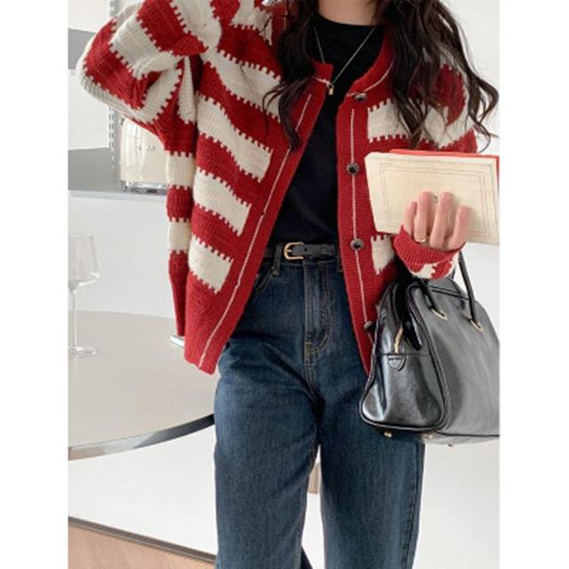 Crew Neck Striped Button-Up Cardigan Product Image