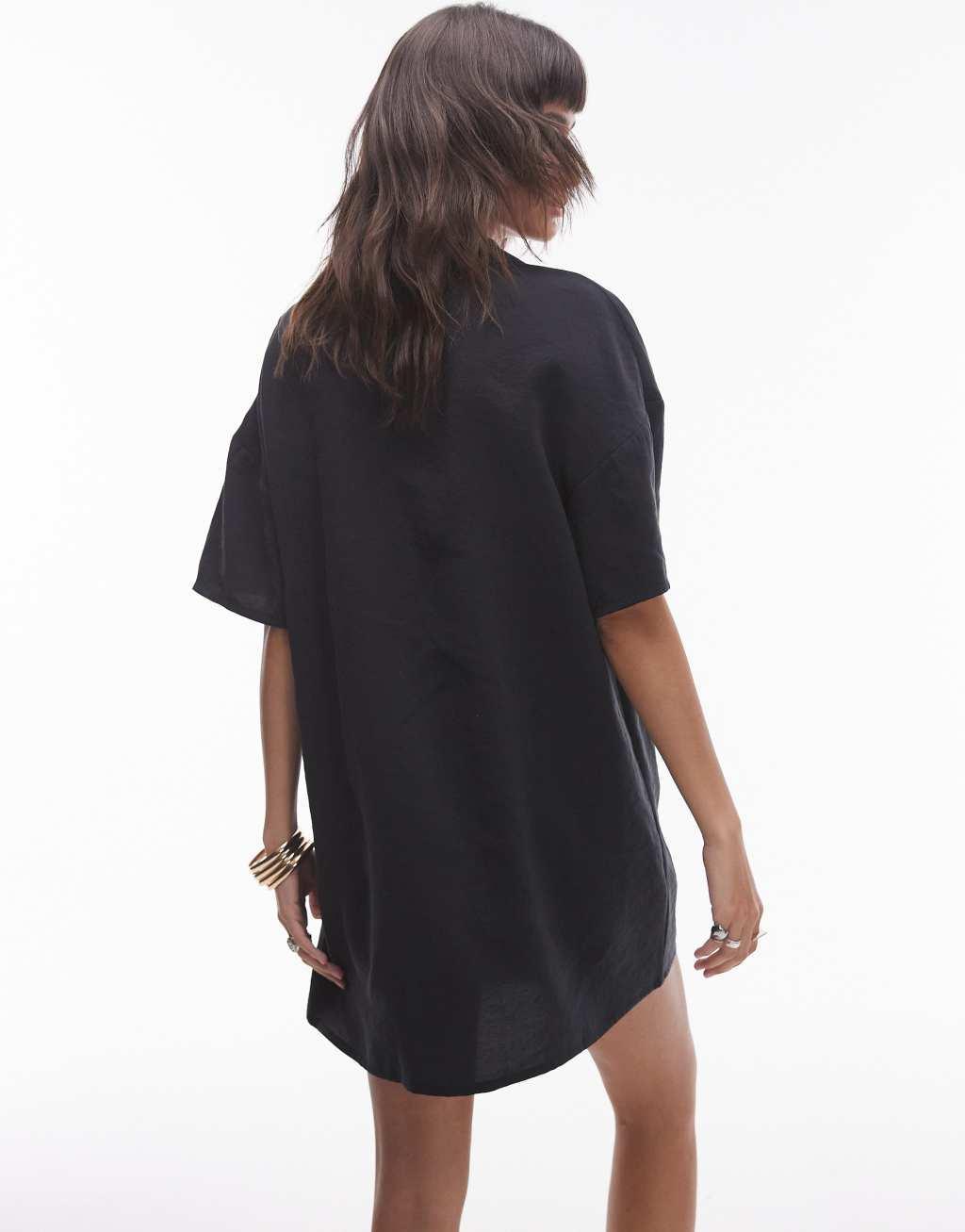 Topshop button down mini shirt dress in black Product Image