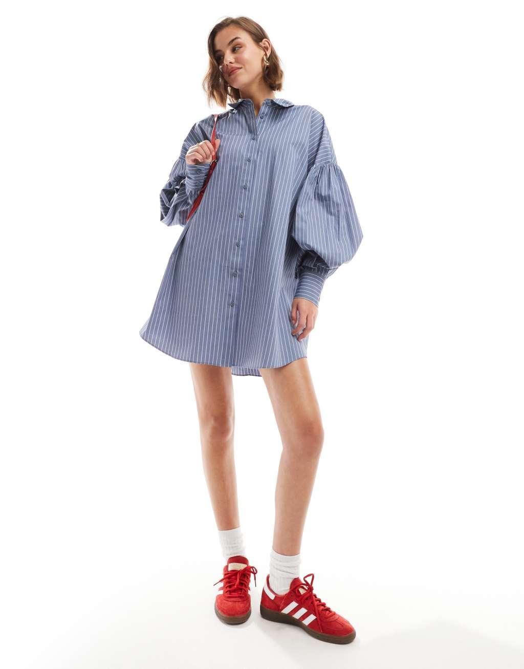 ASOS DESIGN boyfriend shirt mini dress with blouson sleeve in blue pinstripe Product Image