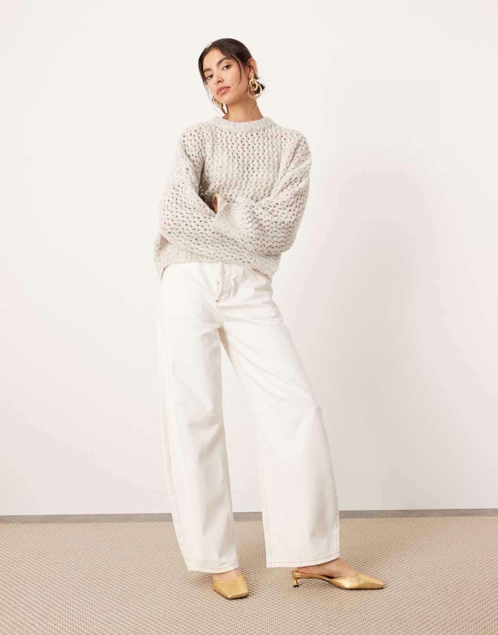 ASOS EDITION knitted open stitch oversized boxy sweater in oatmeal heather Product Image