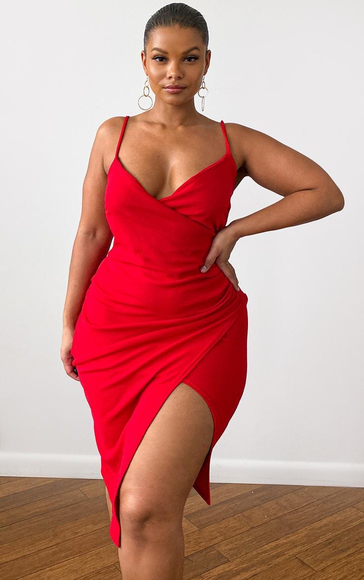 Plus Lauriell Red Wrap Front Crepe Midi Dress Product Image