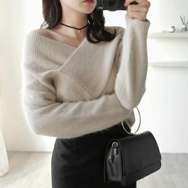 Off-Shoulder Long-Sleeve Plain Sweater Product Image