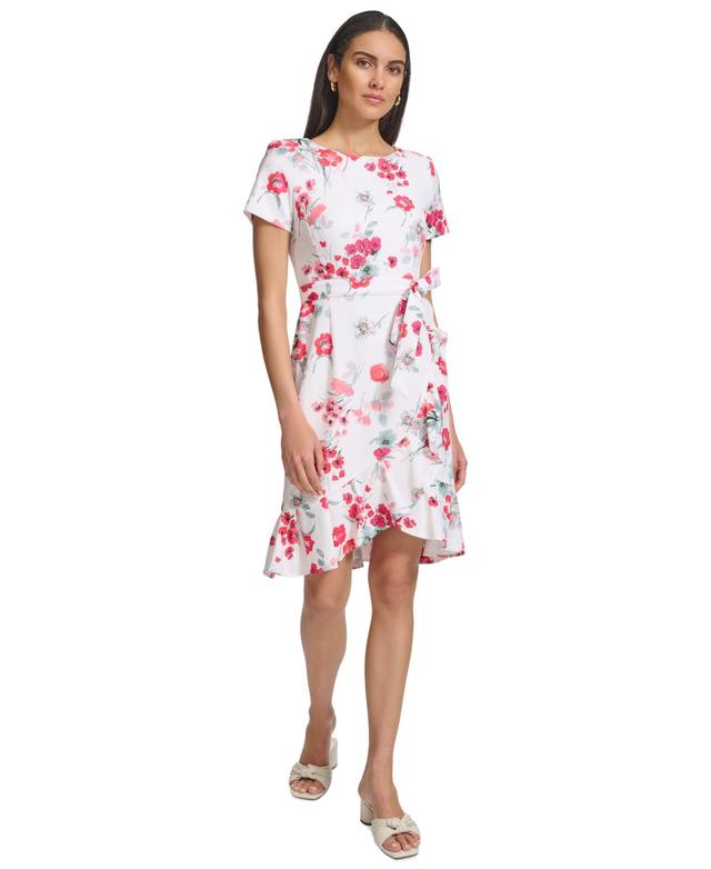 Calvin Klein Womens Floral-Print Faux-Wrap Dress Product Image