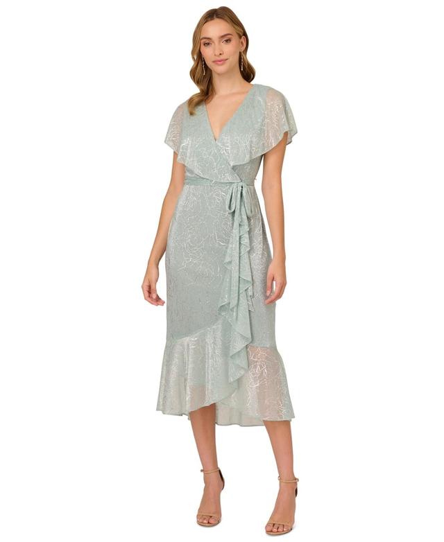 Adrianna Papell Metallic Flutter Sleeve Faux Wrap Dress Product Image