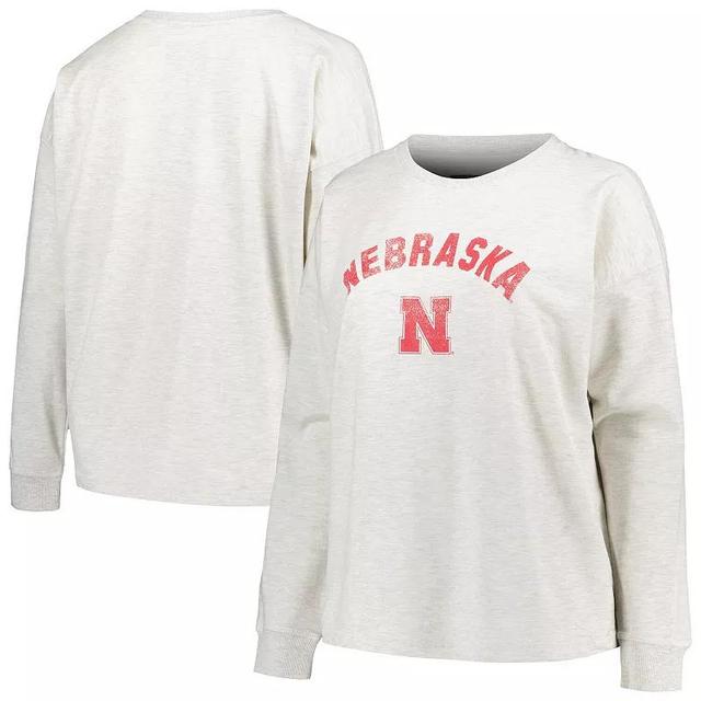 Womens Profile Oatmeal Nebraska Huskers Plus Size Distressed Arch Over Logo Neutral Boxy Pullover Sweatshirt Product Image