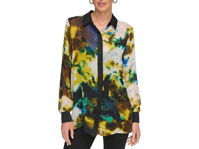 DKNY Long Sleeve Print Rib Cuff Blouse (Citrine Multi) Women's Blouse Product Image