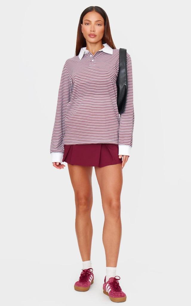 Burgundy Striped Collared Oversized Long Sleeve T Shirt Product Image