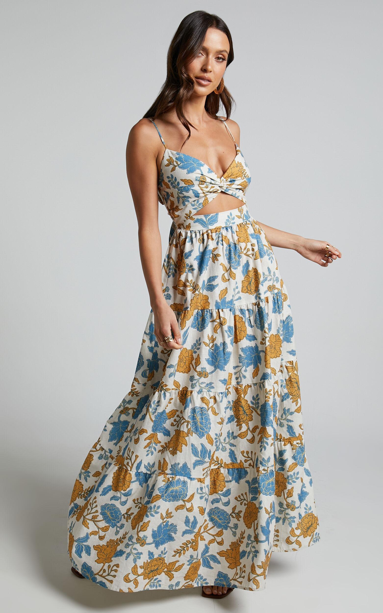 Amalie The Label - Emerita Linen Blend Sweetheart Twist Front Tie Back Midi Dress in Valencia Floral Product Image