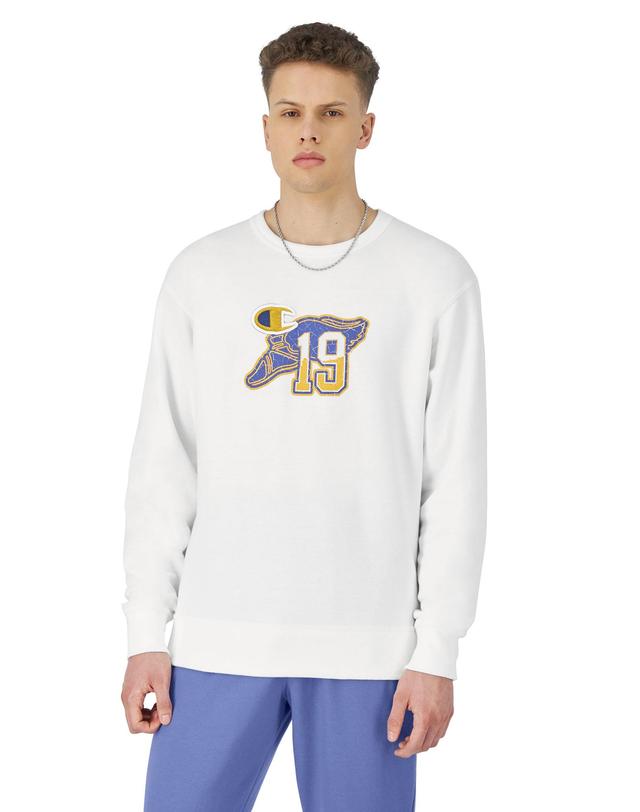 Mens Champion Powerblend Crewneck Sweatshirt, Winged Foot Patch Logo Stone Crush Blue L Product Image