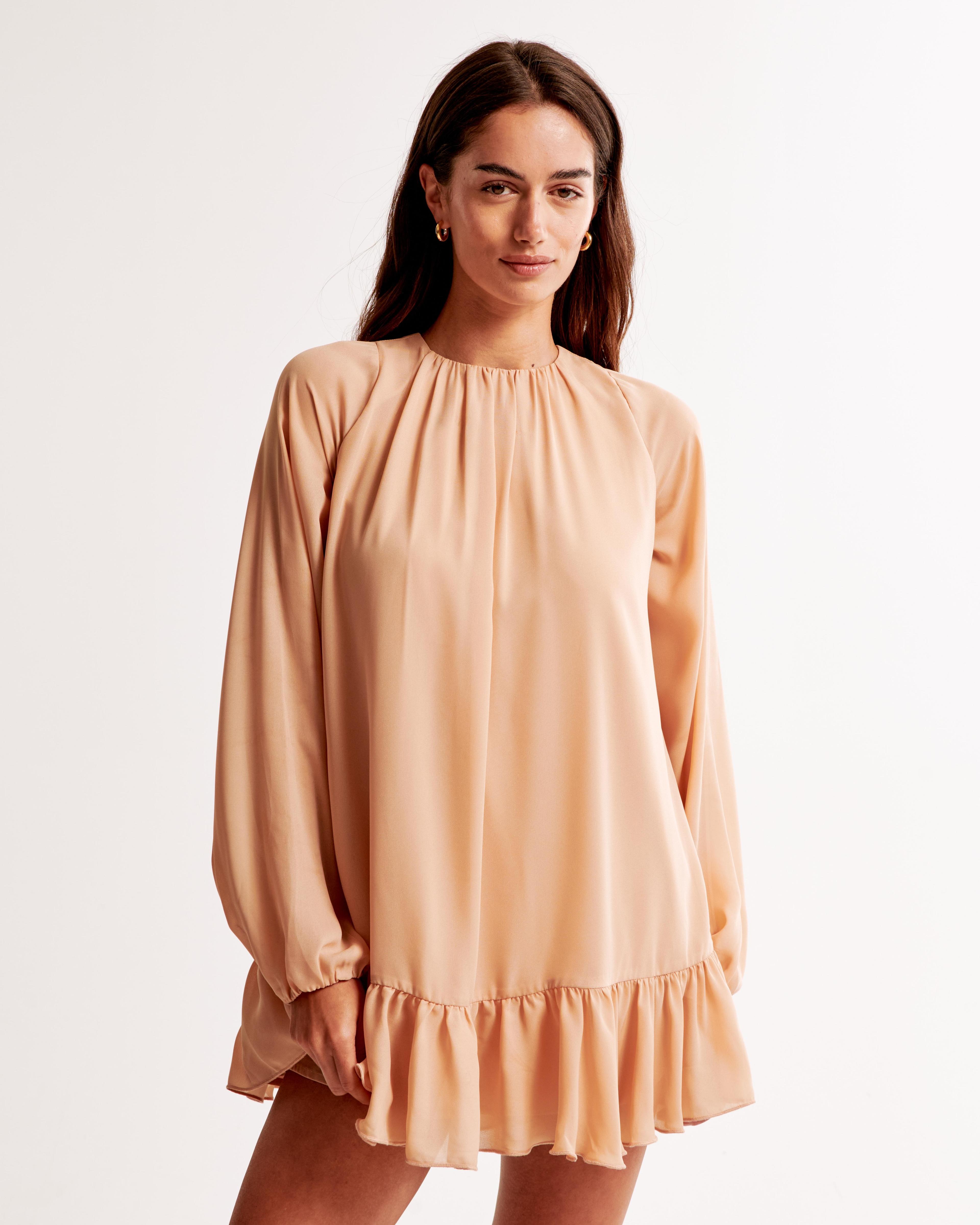 Long-Sleeve Ruffle Hem Mini Dress Product Image