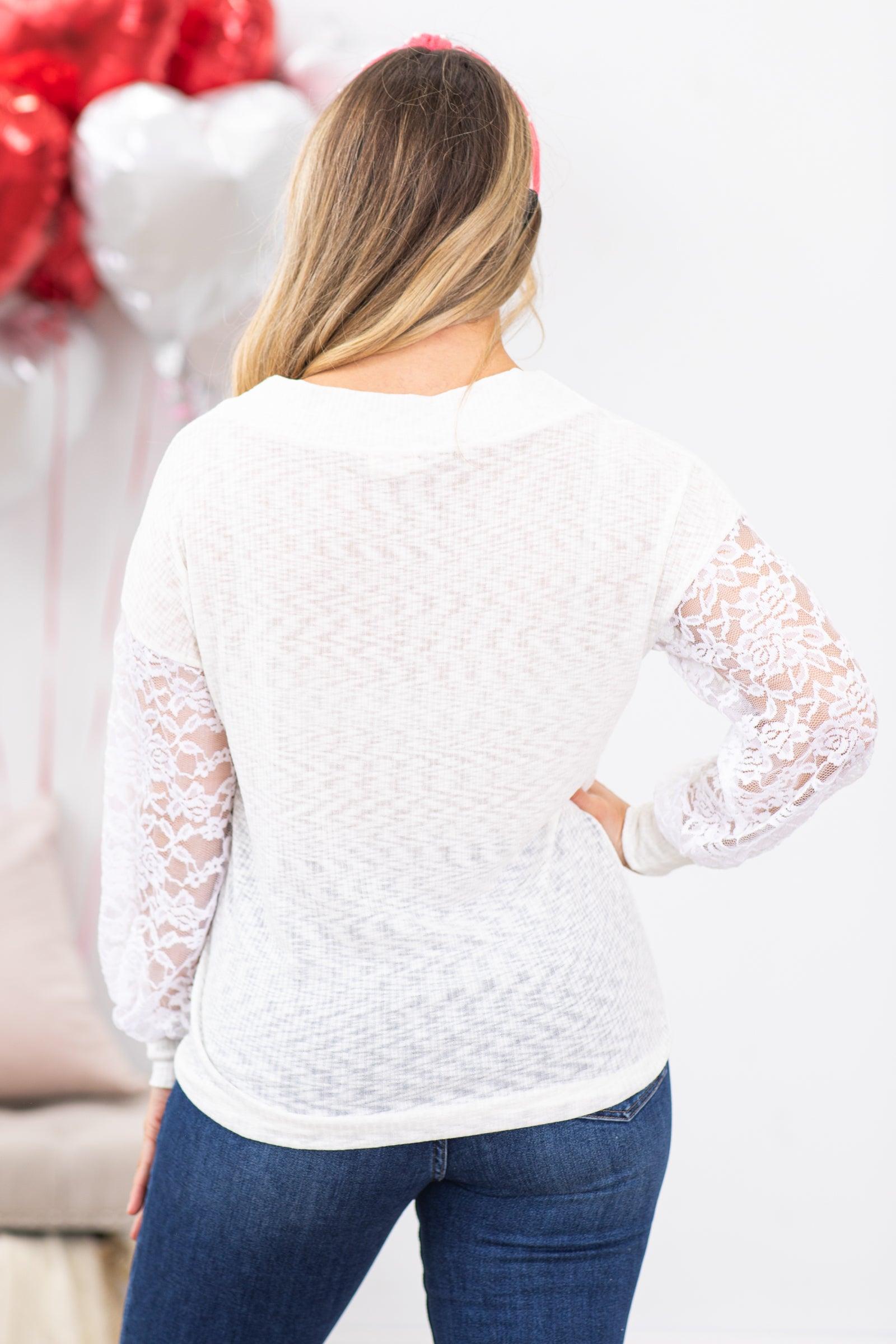 Ivory Rib Knit Top With Lace Sleeves Product Image