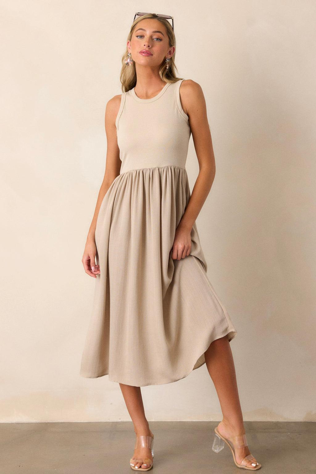 Find The Answer Tan Ribbed Midi Dress Product Image