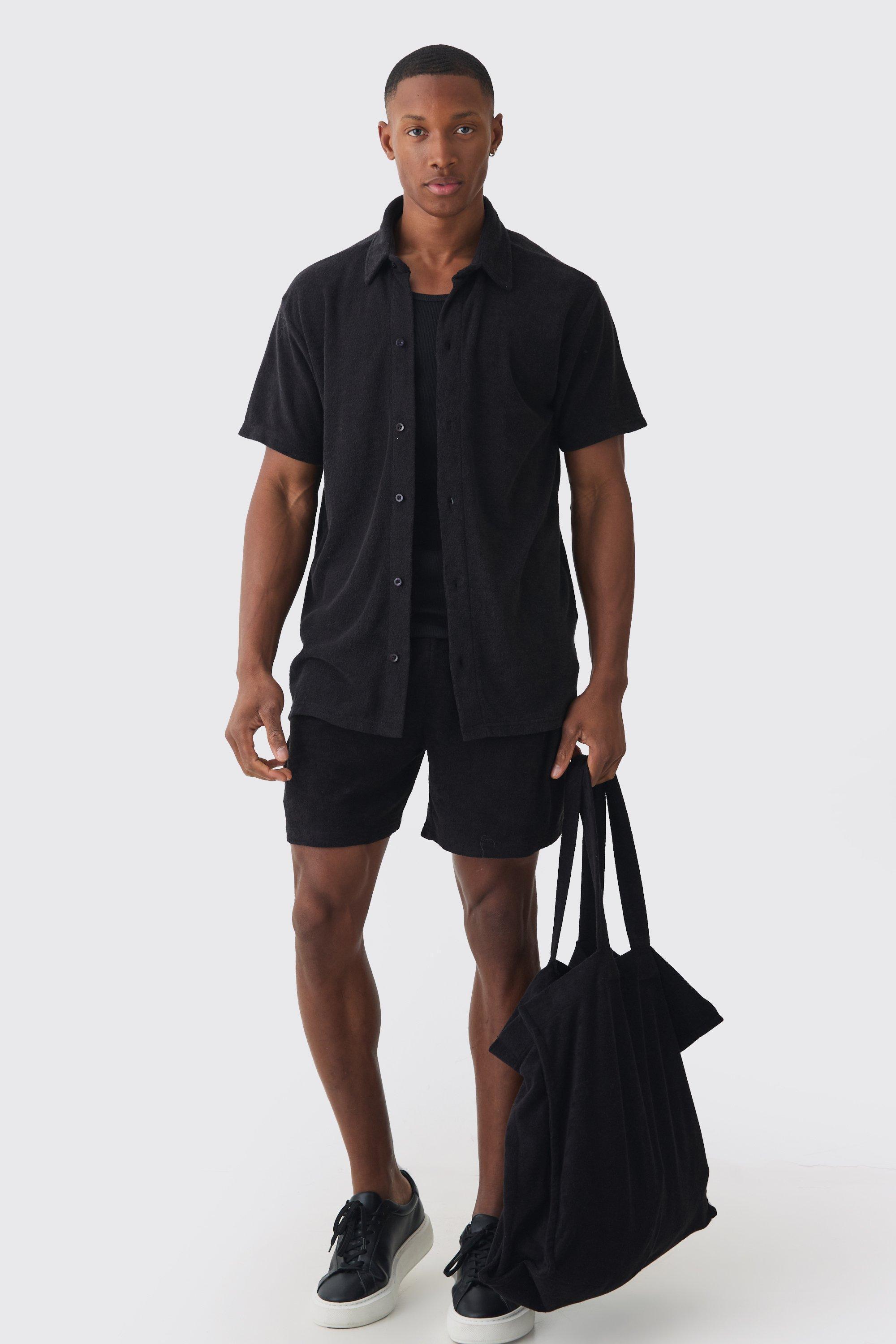 Towelling 3 Piece Shirt, Short & Tote Set | boohooMAN USA Product Image