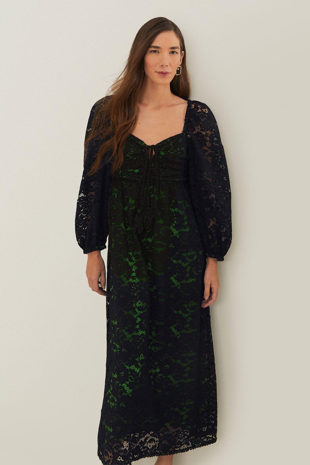 Black Lace Long Sleeve Midi Dress Product Image