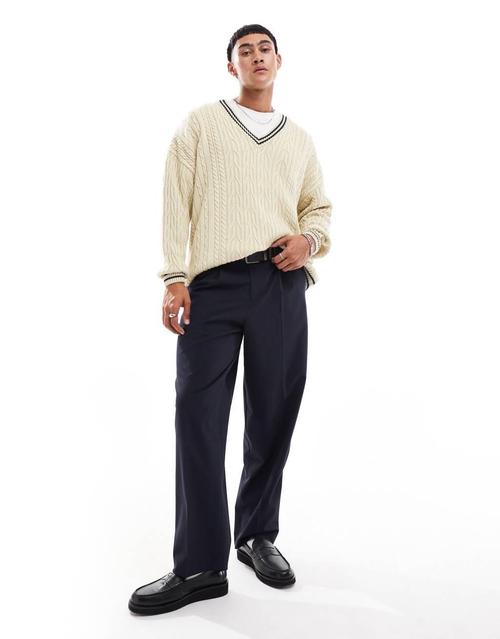 ASOS DESIGN oversized cable knit cricket sweater in cream with navy tipping Product Image