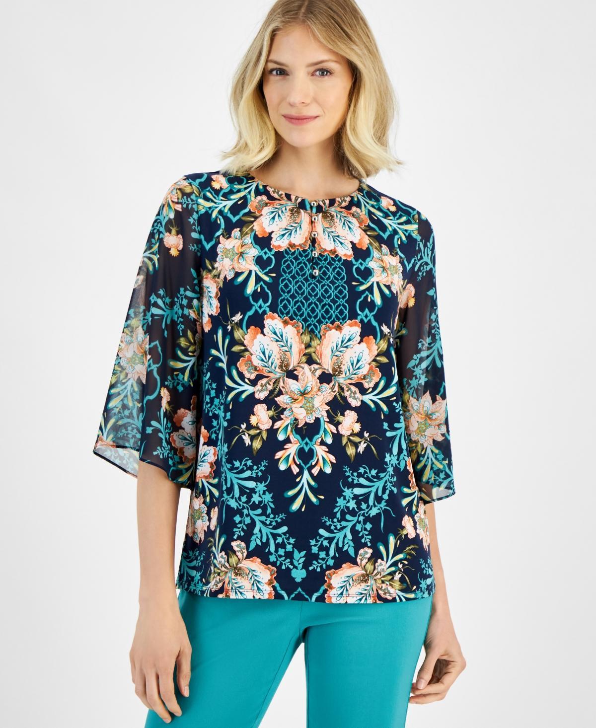 Jm Collection Womens Button-Trim Printed 3/4-Sleeve Top, Created for Macys Product Image