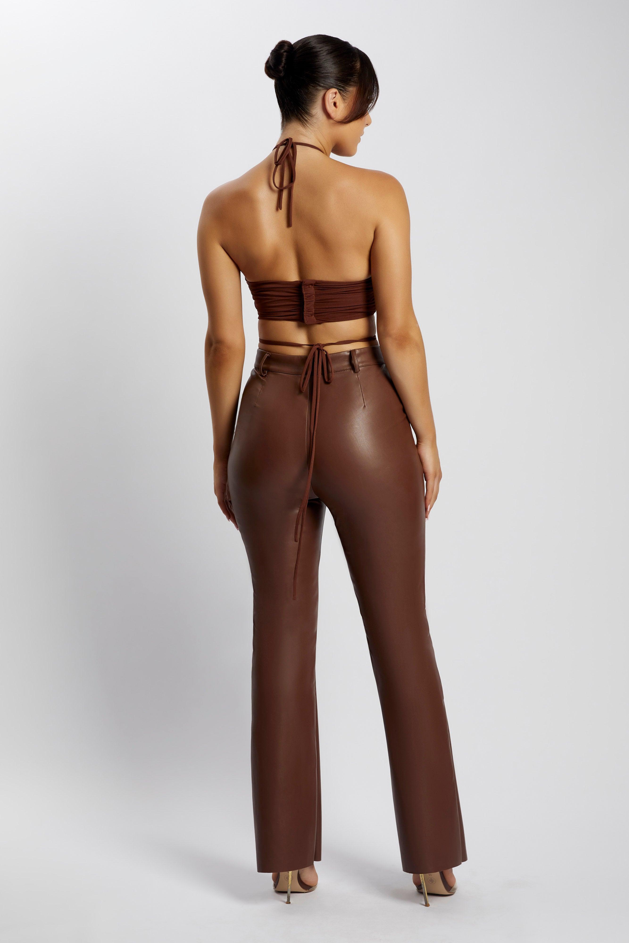 Sabrina Ruched Halter Crop Top - Chocolate Product Image