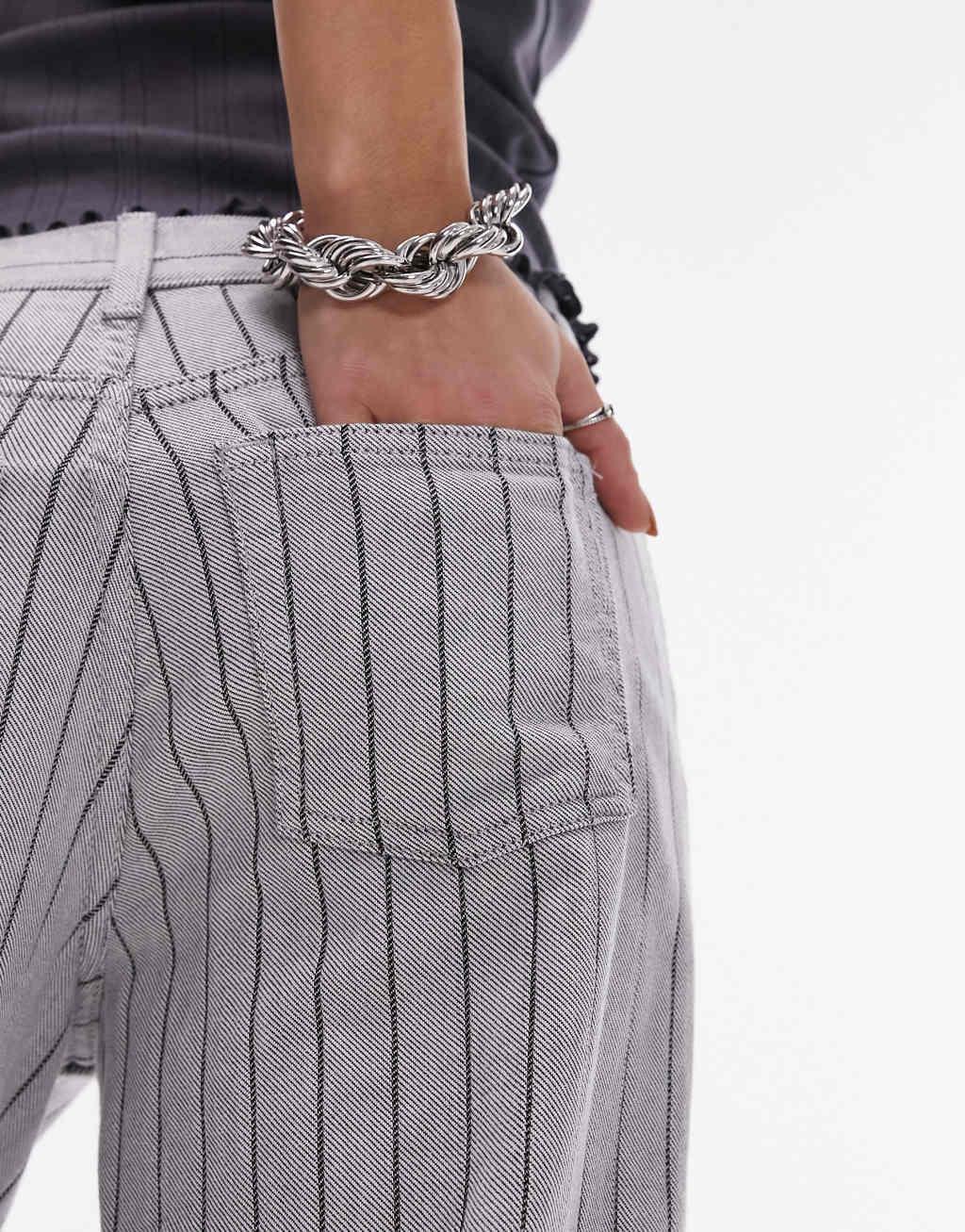 Topshop Ember low rise wide leg jeans in striped gray Product Image