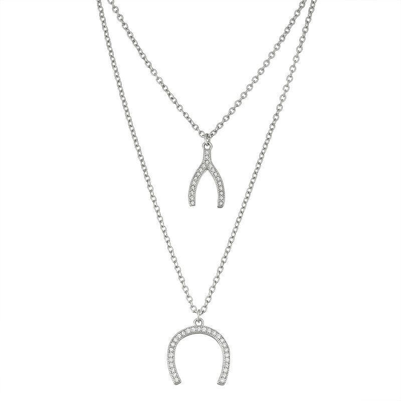 Sterling Silver Cubic Zirconia Wishbone & Horseshoe Layered Necklace, Womens White Product Image