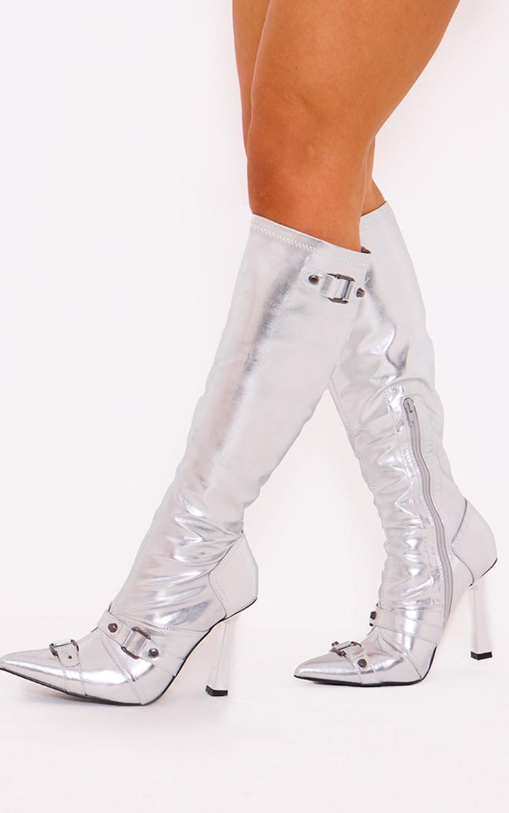 Silver Pu Metallic Buckle Detail High Heeled Knee Boots product image