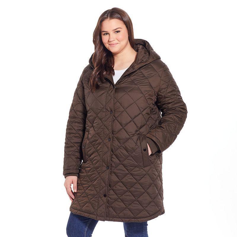 Plus Size Weathercast Hooded Diamond-Quilted Duffle Coat, Womens Black Product Image