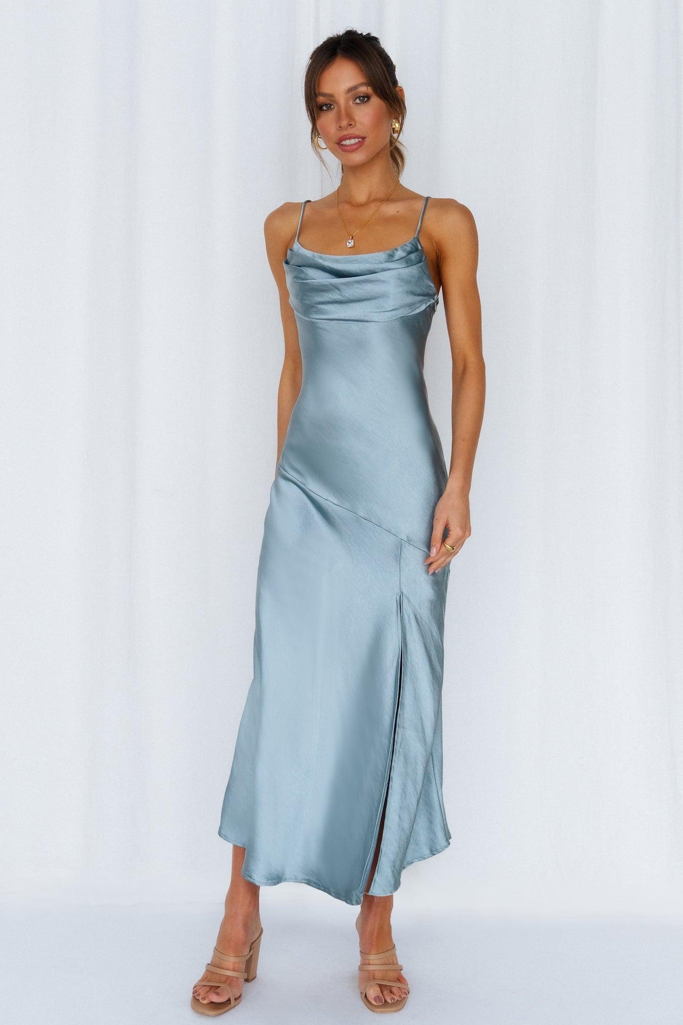 A Little Whisper Satin Midi Dress Blue Product Image