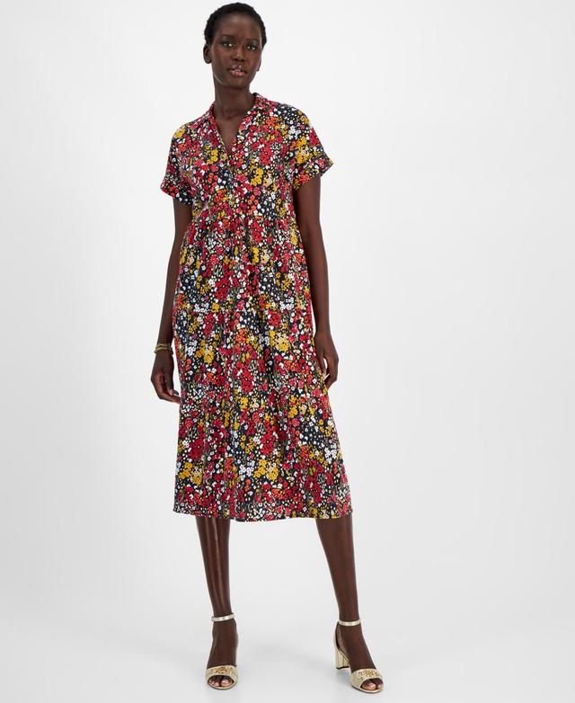 Tommy Hilfiger Womens Cotton Floral Tiered Midi Dress Product Image