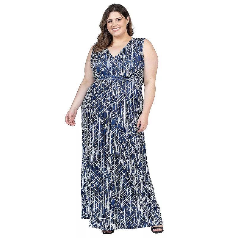 Plus Size 24Seven Comfort Apparel Print V Neck Empire Waist Sleeveless Maxi Dress, Womens Product Image