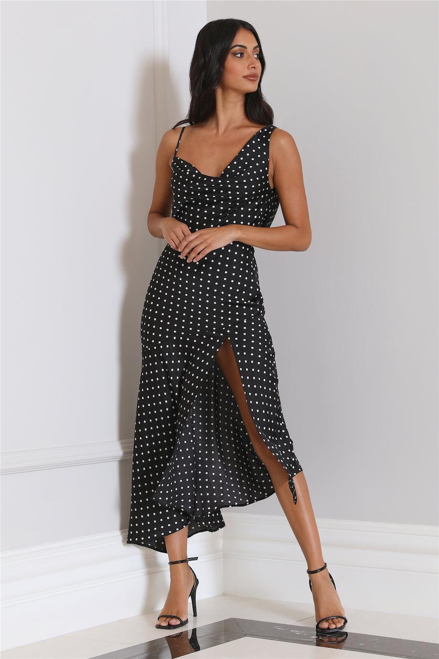 HELLO MOLLY Dotted Moment Satin Polka Dot Midi Dress Black Product Image