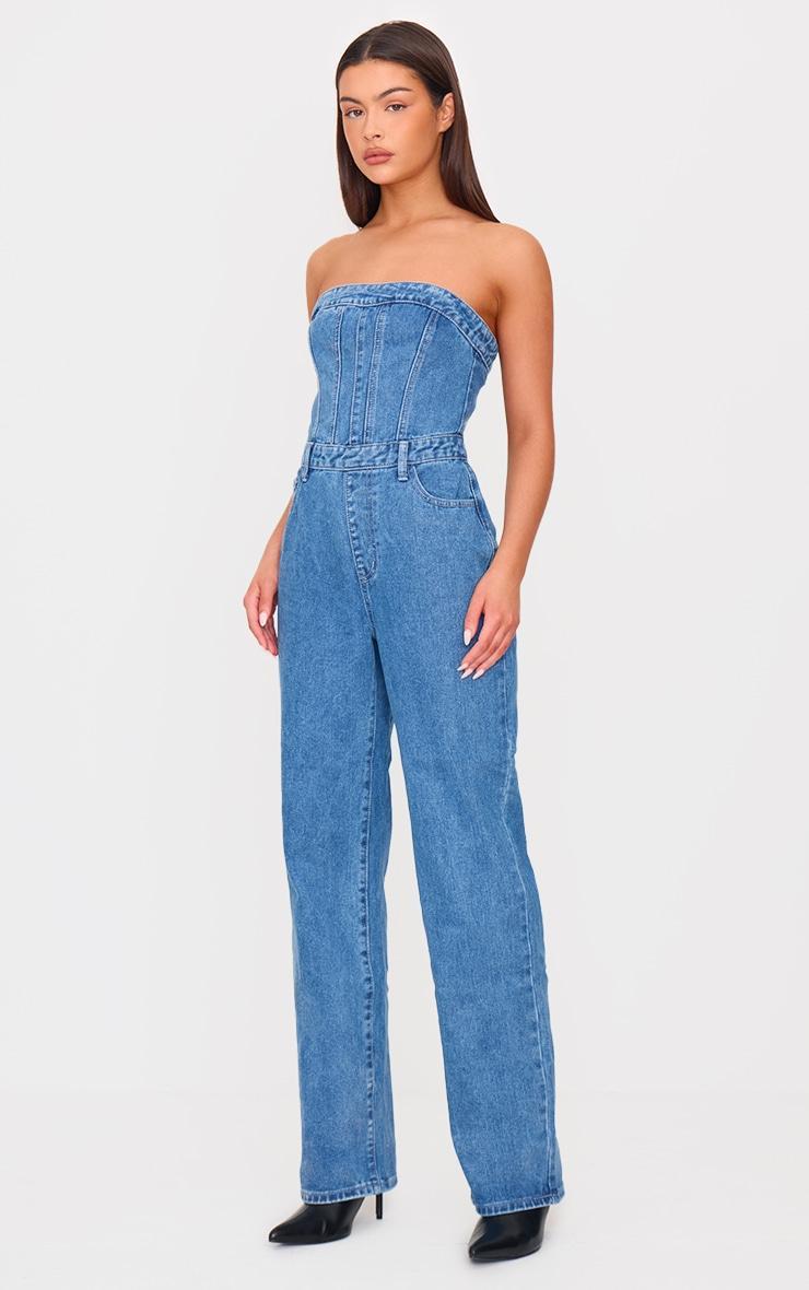 Mid Blue Wash Bandeau Denim Jumpsuit Product Image