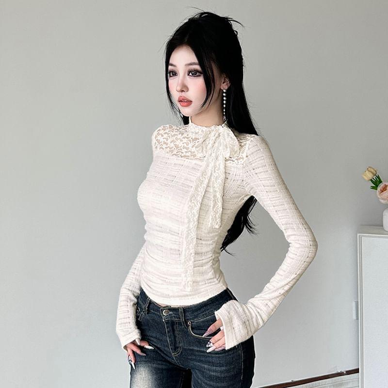 Long-Sleeve Tie-Neck Lace Slim Fit Top Product Image