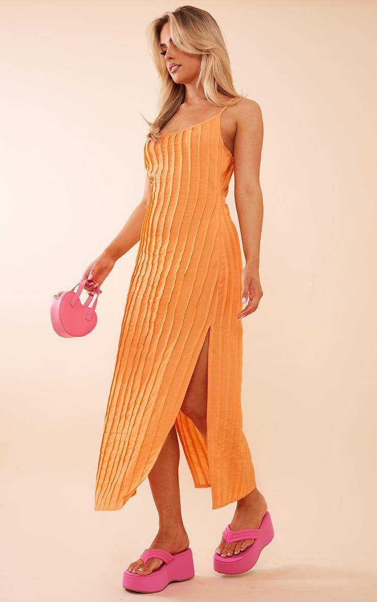 Orange Linen Look Pleat Detail Split Side Midaxi Dress Product Image