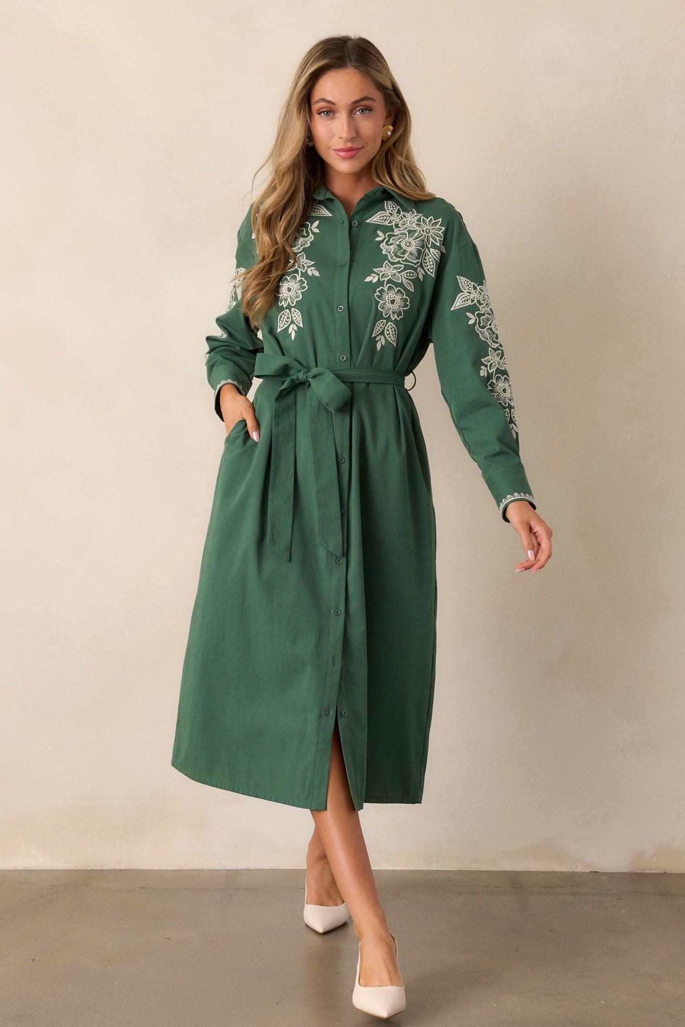 Leaves Of Tomorrow Cotton Forest Green Long Sleeve Midi Dress Product Image