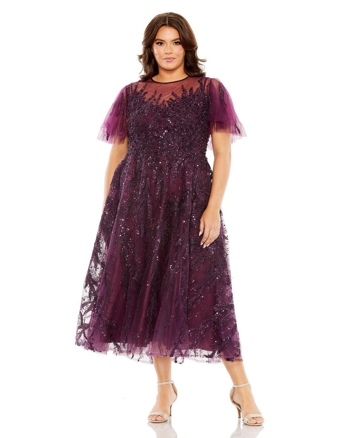 Mac Duggal Womens Plus Size High Neck Flutter Sleeve A Line Embellished Dress Product Image