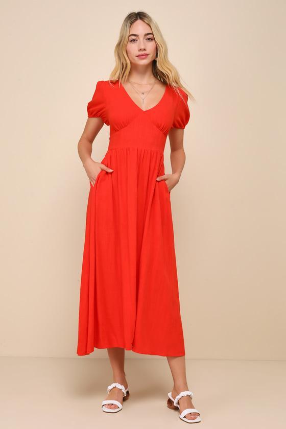 Cute Delight Red Orange Linen Backless Midi Dress With Pockets Product Image