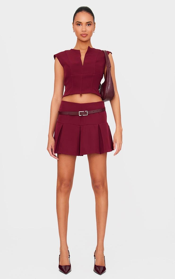 Burgundy Tailored Woven Plunge Cap Sleeve Cinched Waist Long Top Product Image