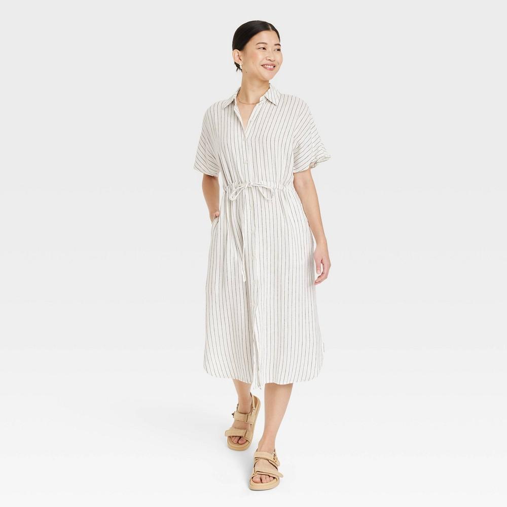 Womens Short Sleeve Linen Midi Shirtdress - A New Day Cream Striped Product Image