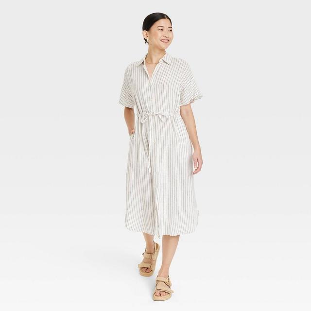 Womens Short Sleeve Linen Midi Shirtdress - A New Day Cream Striped L Product Image