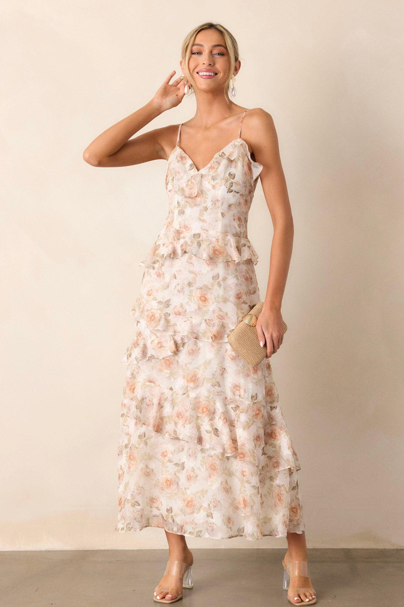 Searching For Love Ivory Floral Ruffle Midi Dress Product Image