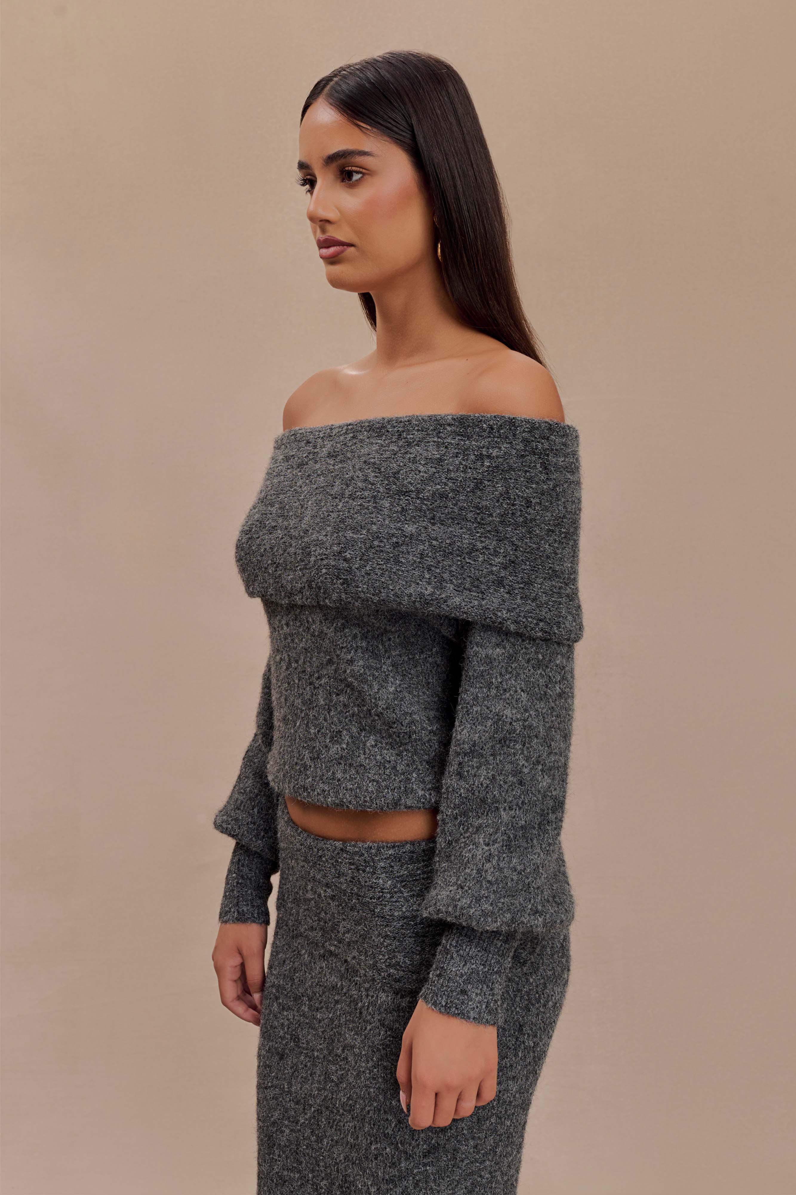 Charlotte Off Shoulder Knit Long Sleeve Top - Charcoal Marle Product Image